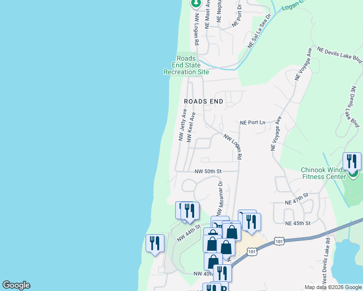 map of restaurants, bars, coffee shops, grocery stores, and more near 5218 Northwest Jetty Avenue in Lincoln City