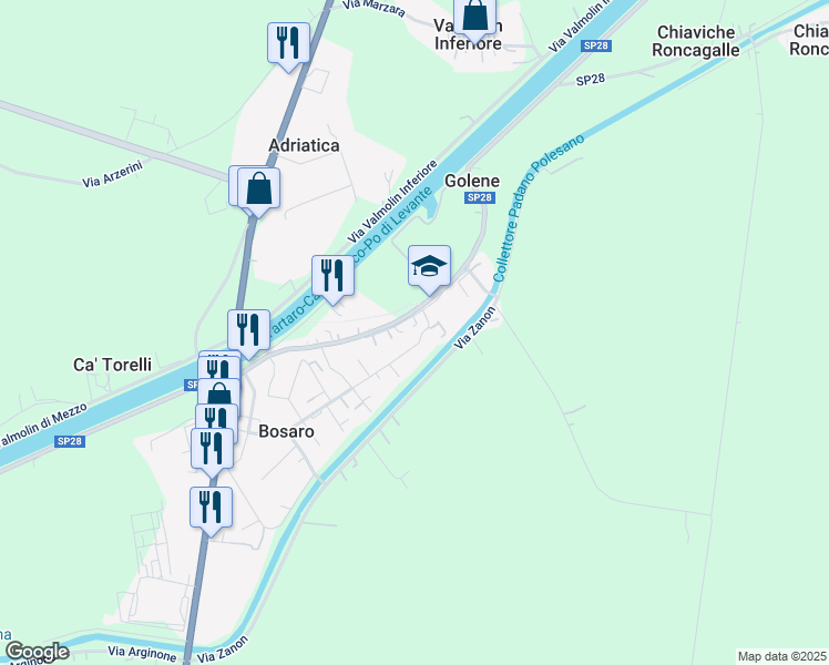 map of restaurants, bars, coffee shops, grocery stores, and more near 249 Via E. Berlinguer in Bosaro