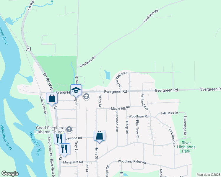 map of restaurants, bars, coffee shops, grocery stores, and more near 1302 Evergreen Road in Wausau