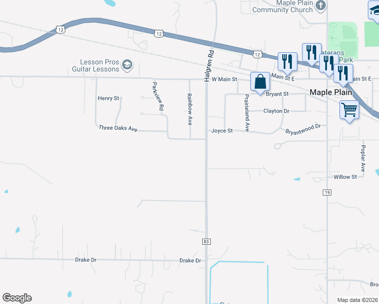 map of restaurants, bars, coffee shops, grocery stores, and more near 1351 County Road 83 in Maple Plain