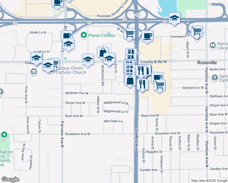 map of restaurants, bars, coffee shops, grocery stores, and more near 2064 Fry Street in Roseville