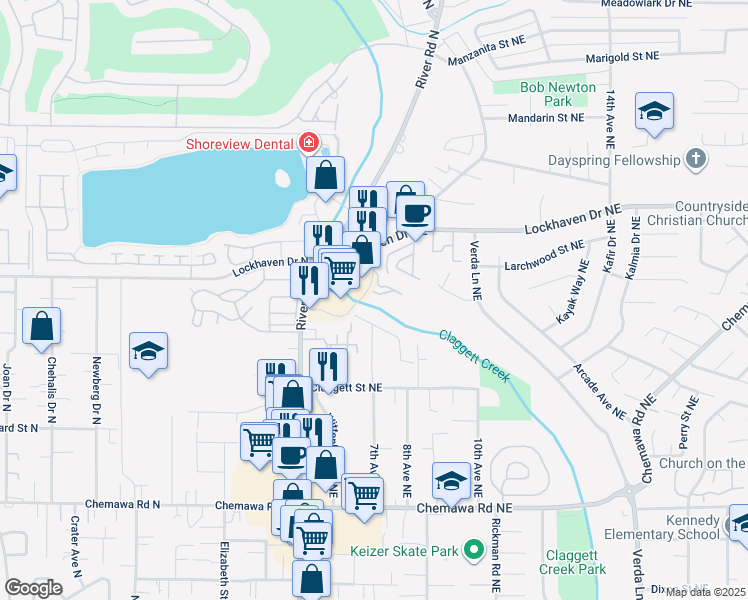 map of restaurants, bars, coffee shops, grocery stores, and more near 683 Faymar Drive Northeast in Keizer