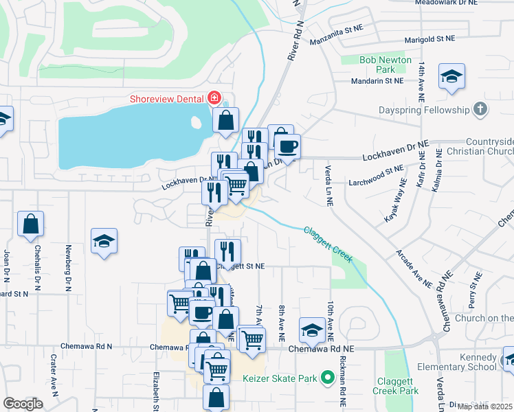 map of restaurants, bars, coffee shops, grocery stores, and more near 683 Faymar Drive Northeast in Keizer