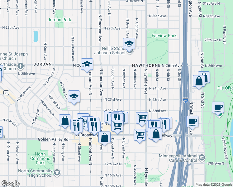 map of restaurants, bars, coffee shops, grocery stores, and more near 2306 North Dupont Avenue in Minneapolis