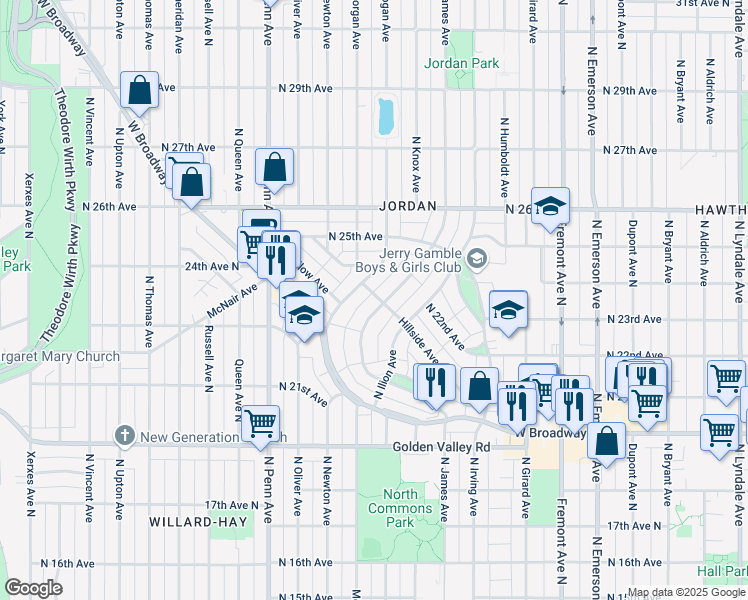 map of restaurants, bars, coffee shops, grocery stores, and more near 1714 Hillside Avenue North in Minneapolis