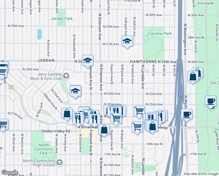 map of restaurants, bars, coffee shops, grocery stores, and more near 2315 North Dupont Avenue in Minneapolis