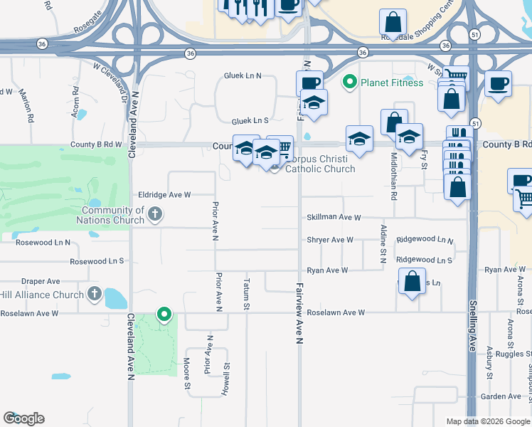 map of restaurants, bars, coffee shops, grocery stores, and more near 1853 Skillman Avenue West in Roseville