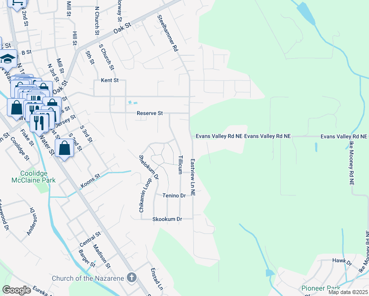 map of restaurants, bars, coffee shops, grocery stores, and more near 339 Eastview Lane Northeast in Silverton