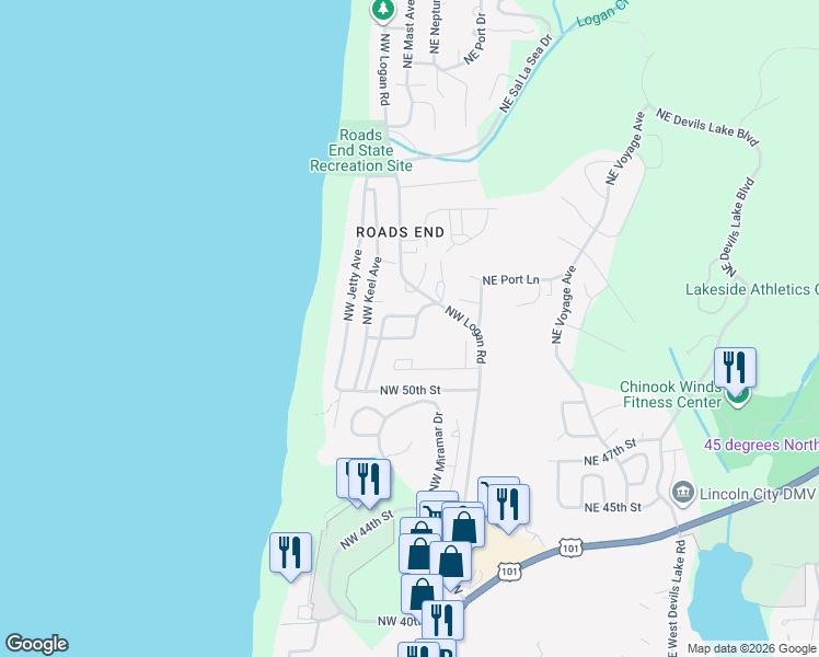 map of restaurants, bars, coffee shops, grocery stores, and more near 1881 Northwest 52nd Drive in Lincoln City