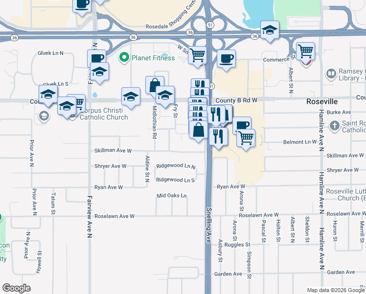map of restaurants, bars, coffee shops, grocery stores, and more near 2064 Fry Street in Roseville