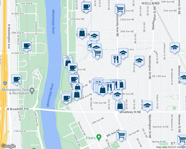 map of restaurants, bars, coffee shops, grocery stores, and more near 1505 Northeast Main Street in Minneapolis