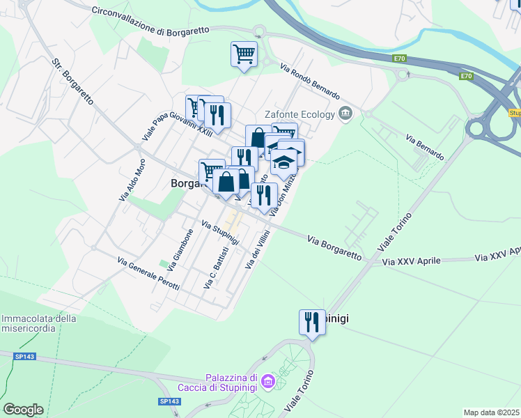 map of restaurants, bars, coffee shops, grocery stores, and more near 46 Via Galileo Galilei in Borgaretto