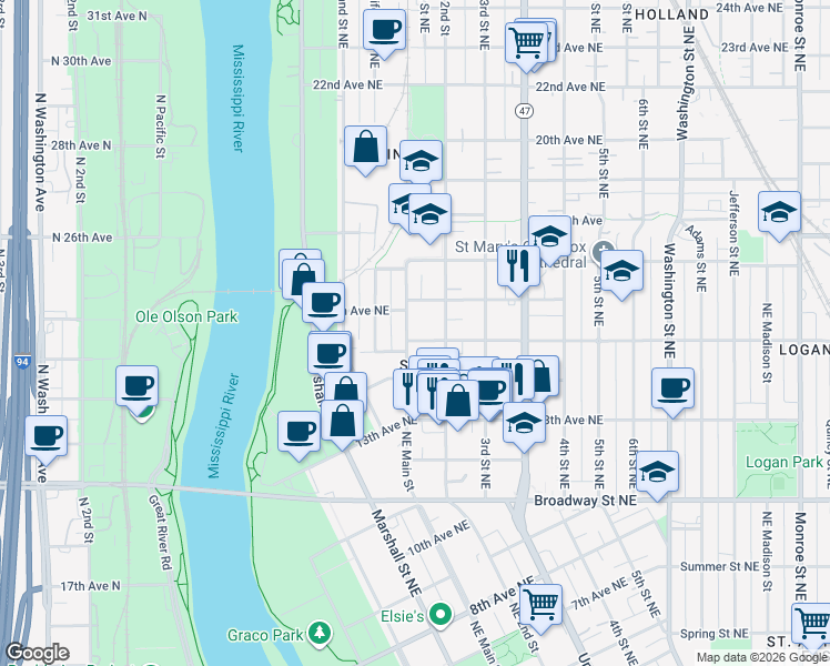 map of restaurants, bars, coffee shops, grocery stores, and more near in Minneapolis