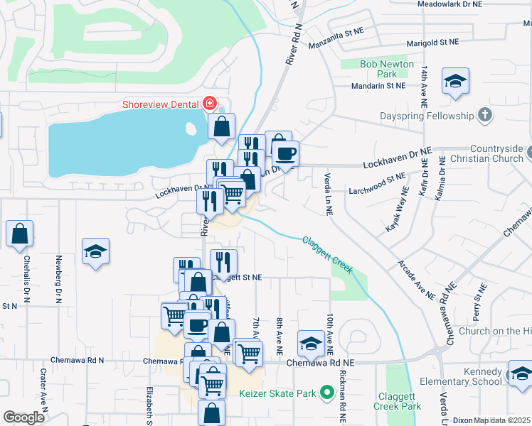 map of restaurants, bars, coffee shops, grocery stores, and more near 650 Lockhaven Drive Northeast in Keizer