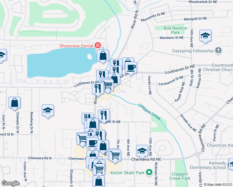 map of restaurants, bars, coffee shops, grocery stores, and more near 683 Faymar Drive Northeast in Keizer