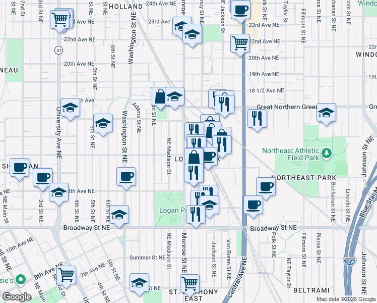 map of restaurants, bars, coffee shops, grocery stores, and more near 1431 Monroe Street Northeast in Minneapolis