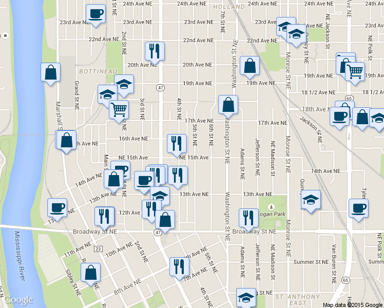 map of restaurants, bars, coffee shops, grocery stores, and more near 1435 Northeast 15th Avenue in Minneapolis