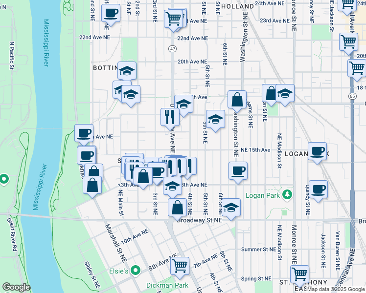 map of restaurants, bars, coffee shops, grocery stores, and more near 340 Northeast 15th Avenue in Minneapolis