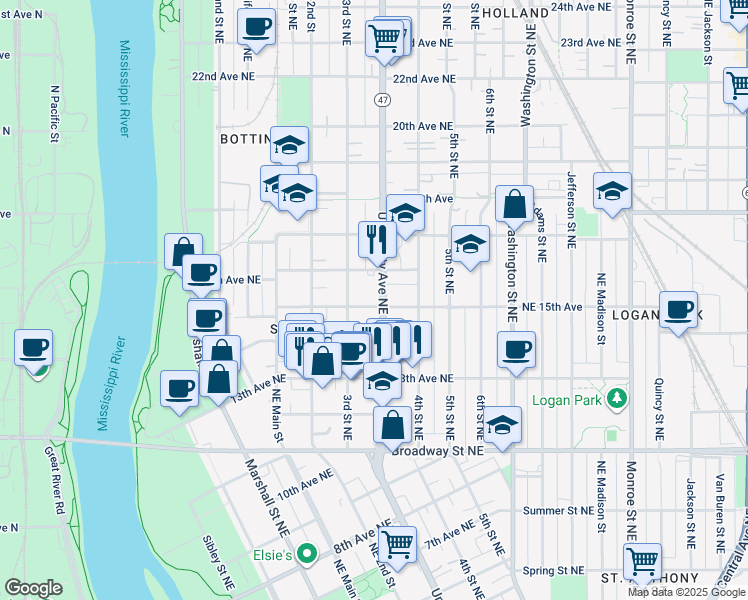 map of restaurants, bars, coffee shops, grocery stores, and more near 300 Northeast 15th Avenue in Minneapolis