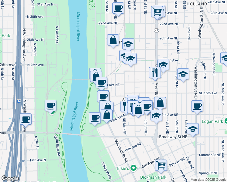 map of restaurants, bars, coffee shops, grocery stores, and more near 1505 California Street Northeast in Minneapolis