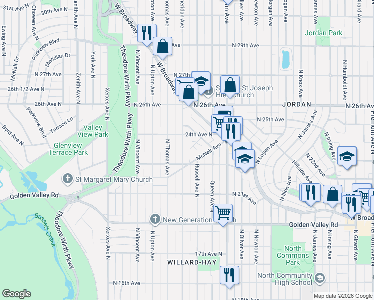 map of restaurants, bars, coffee shops, grocery stores, and more near 2314 North Sheridan Avenue in Minneapolis