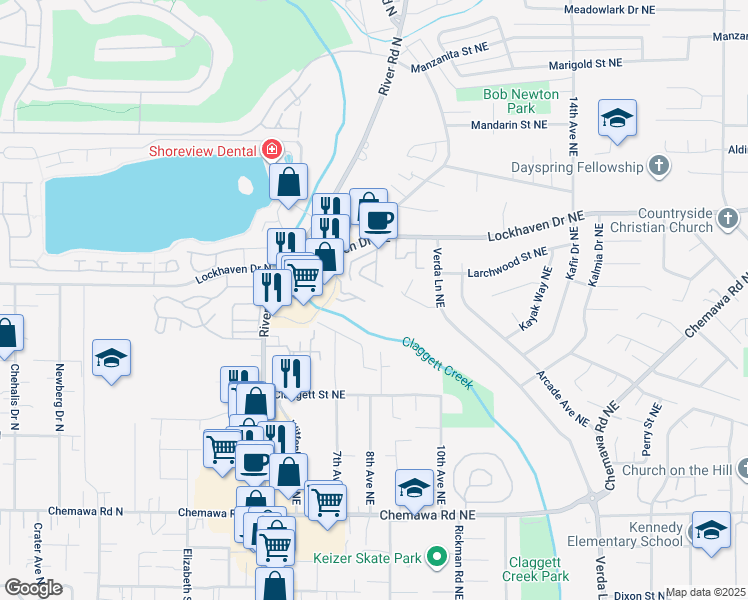 map of restaurants, bars, coffee shops, grocery stores, and more near 650 Lockhaven Drive Northeast in Keizer
