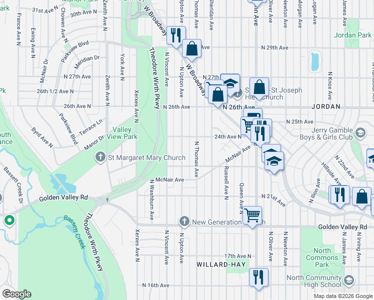map of restaurants, bars, coffee shops, grocery stores, and more near 2315 North Thomas Avenue in Minneapolis