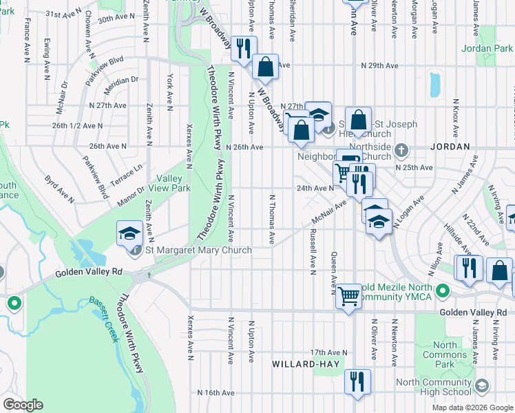 map of restaurants, bars, coffee shops, grocery stores, and more near 2315 North Thomas Avenue in Minneapolis