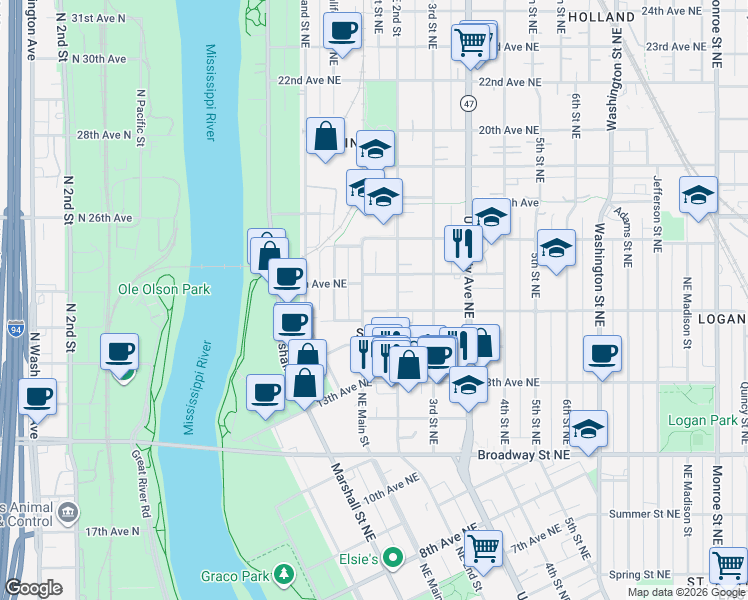 map of restaurants, bars, coffee shops, grocery stores, and more near in Minneapolis