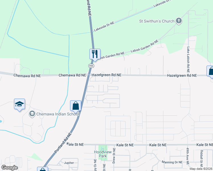 map of restaurants, bars, coffee shops, grocery stores, and more near 5585 43rd Way Northeast in Salem