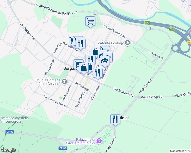 map of restaurants, bars, coffee shops, grocery stores, and more near 46 Via Galileo Galilei in Borgaretto