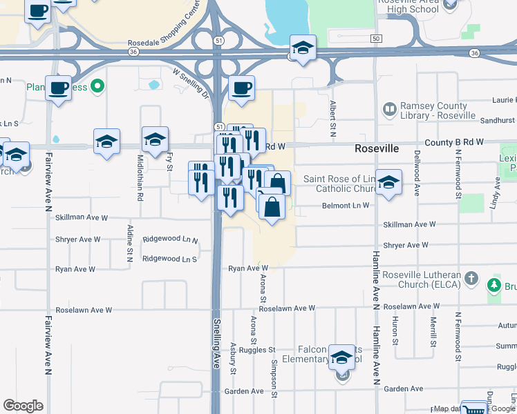 map of restaurants, bars, coffee shops, grocery stores, and more near 2100 Snelling Avenue North in Roseville