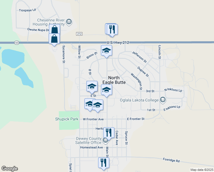 map of restaurants, bars, coffee shops, grocery stores, and more near 58 Main Street in Eagle Butte