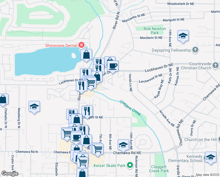 map of restaurants, bars, coffee shops, grocery stores, and more near 650 Lockhaven Drive Northeast in Keizer