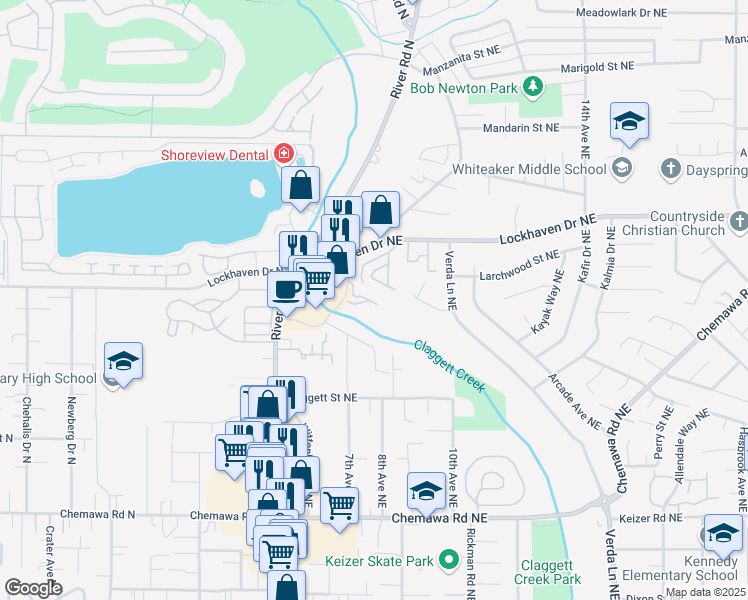 map of restaurants, bars, coffee shops, grocery stores, and more near 650 Lockhaven Drive Northeast in Keizer