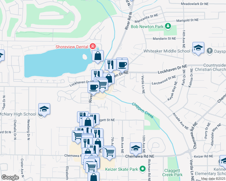 map of restaurants, bars, coffee shops, grocery stores, and more near 683 Faymar Drive Northeast in Keizer
