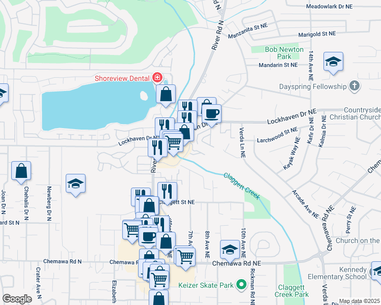 map of restaurants, bars, coffee shops, grocery stores, and more near 683 Faymar Drive Northeast in Keizer