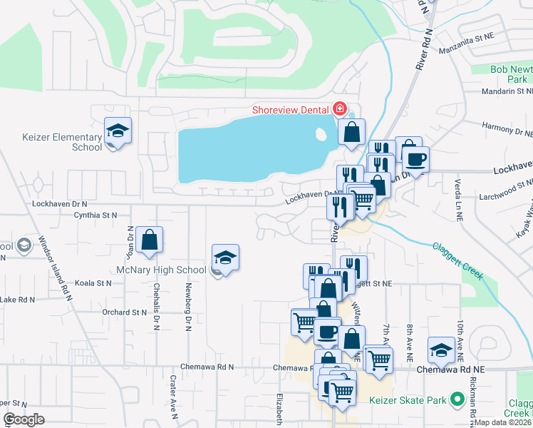 map of restaurants, bars, coffee shops, grocery stores, and more near 5355 River Road North in Keizer