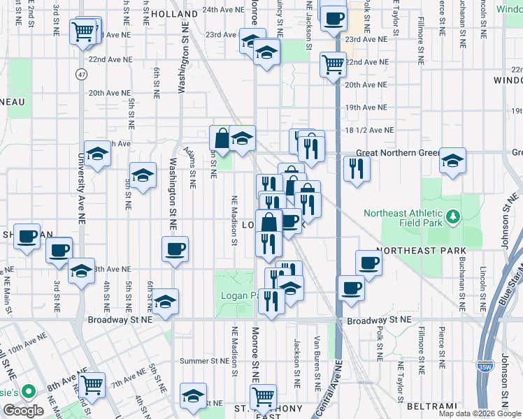 map of restaurants, bars, coffee shops, grocery stores, and more near 1431 Monroe Street Northeast in Minneapolis