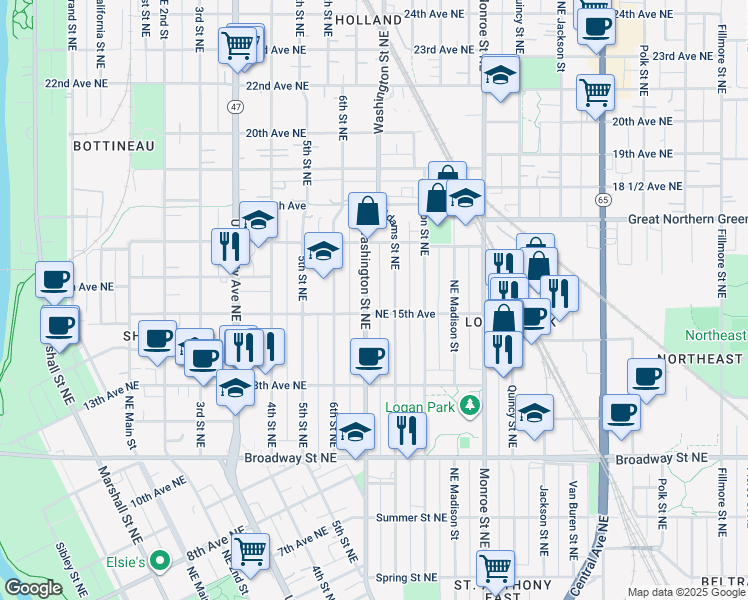 map of restaurants, bars, coffee shops, grocery stores, and more near 636 Northeast 15th Avenue in Minneapolis