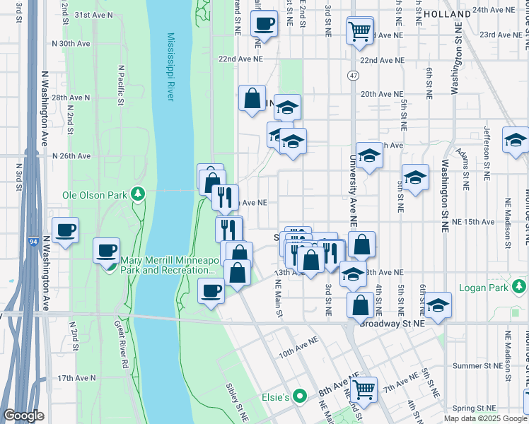 map of restaurants, bars, coffee shops, grocery stores, and more near 1505 California Street Northeast in Minneapolis