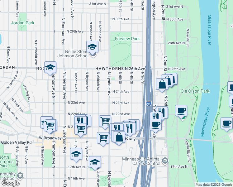 map of restaurants, bars, coffee shops, grocery stores, and more near 2306 North 6th Street in Minneapolis
