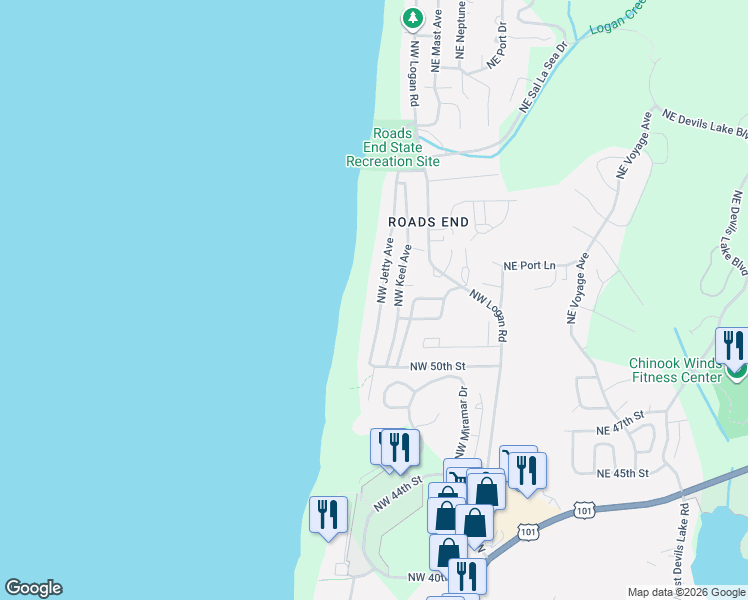 map of restaurants, bars, coffee shops, grocery stores, and more near 5208 Northwest Jetty Avenue in Lincoln City