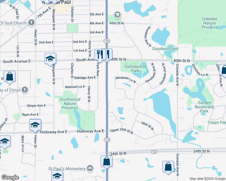 map of restaurants, bars, coffee shops, grocery stores, and more near 3604 Gershwin Place in Oakdale