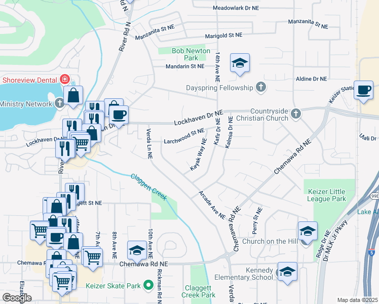 map of restaurants, bars, coffee shops, grocery stores, and more near 5478 Kayak Way Northeast in Keizer