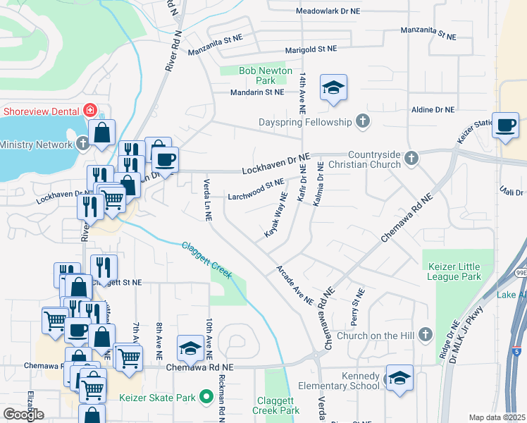 map of restaurants, bars, coffee shops, grocery stores, and more near 5478 Kayak Way Northeast in Keizer