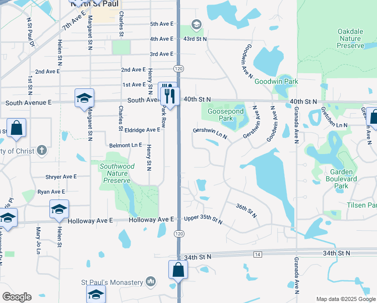 map of restaurants, bars, coffee shops, grocery stores, and more near 3604 Gershwin Place in Oakdale