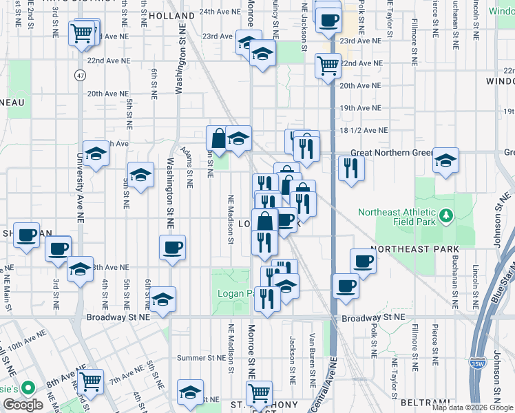 map of restaurants, bars, coffee shops, grocery stores, and more near 1431 Monroe Street Northeast in Minneapolis