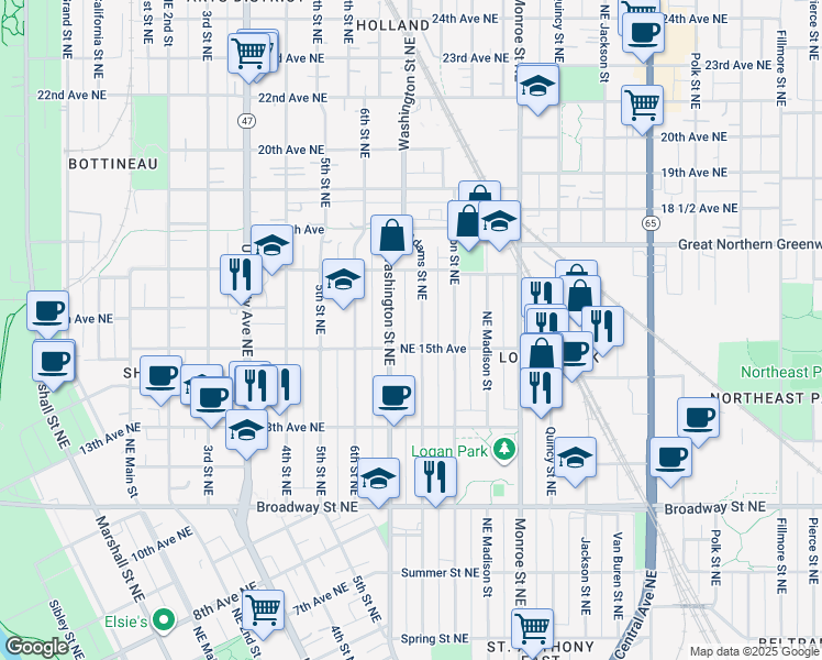 map of restaurants, bars, coffee shops, grocery stores, and more near 636 Northeast 15th Avenue in Minneapolis