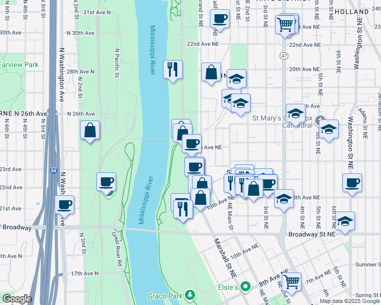 map of restaurants, bars, coffee shops, grocery stores, and more near 1500 Marshall Street Northeast in Minneapolis